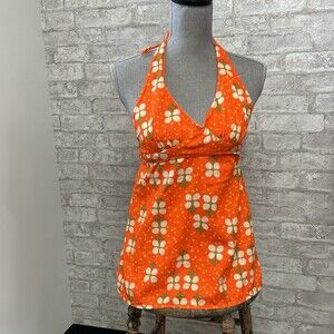 VTG 70s Lemon Frog Bikini Tank Top Tankini Convertible Orange Flower Halter XS/S